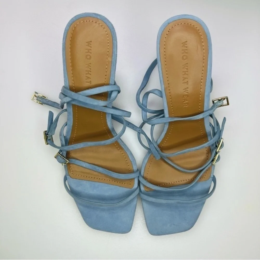 Who What Wear Buckle Straps Heeled Sandals Blue Leather